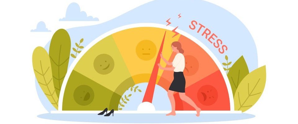 Illustrated person trying to push a stress-meter down